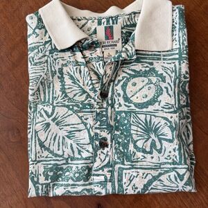 Tori Richard Polo‎ Shirt Mens Large Beige Green Casual Hawaiian Floral Buttonup